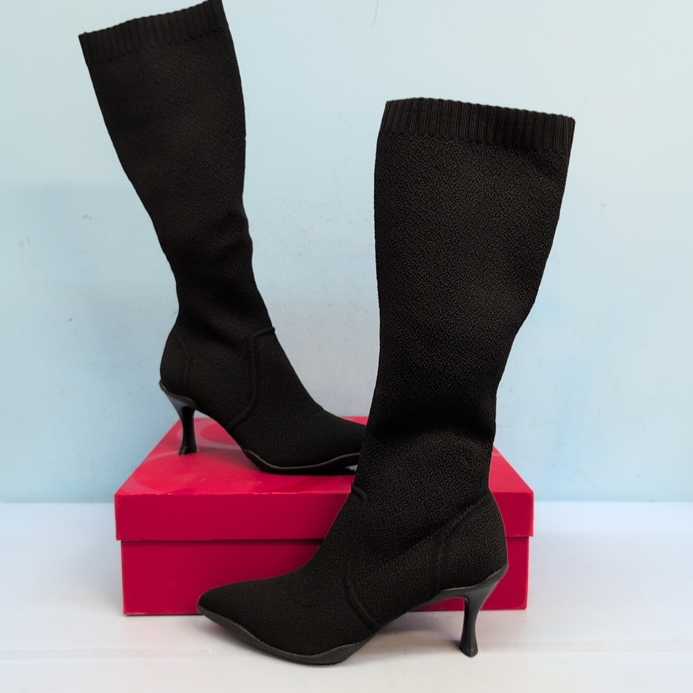 CUCCOO Knit Knee High Sock Women's Pointed Toe Kitten Hee Bootsl US 6.5 Black